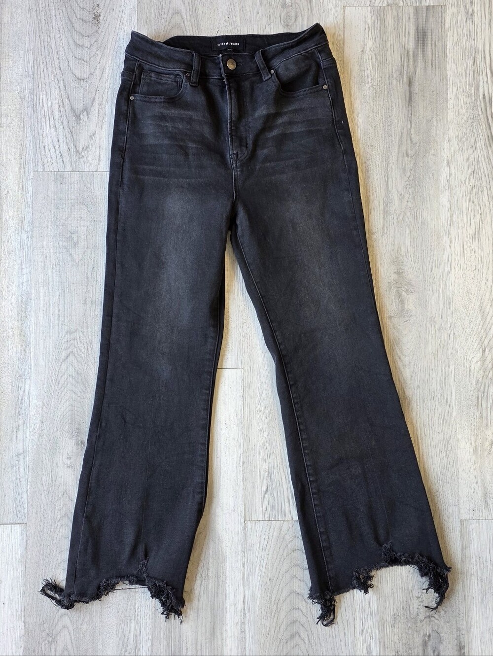 Risen Jeans Womens 9/29 Black High Rise Straight Leg Distressed Raw Hem Denim